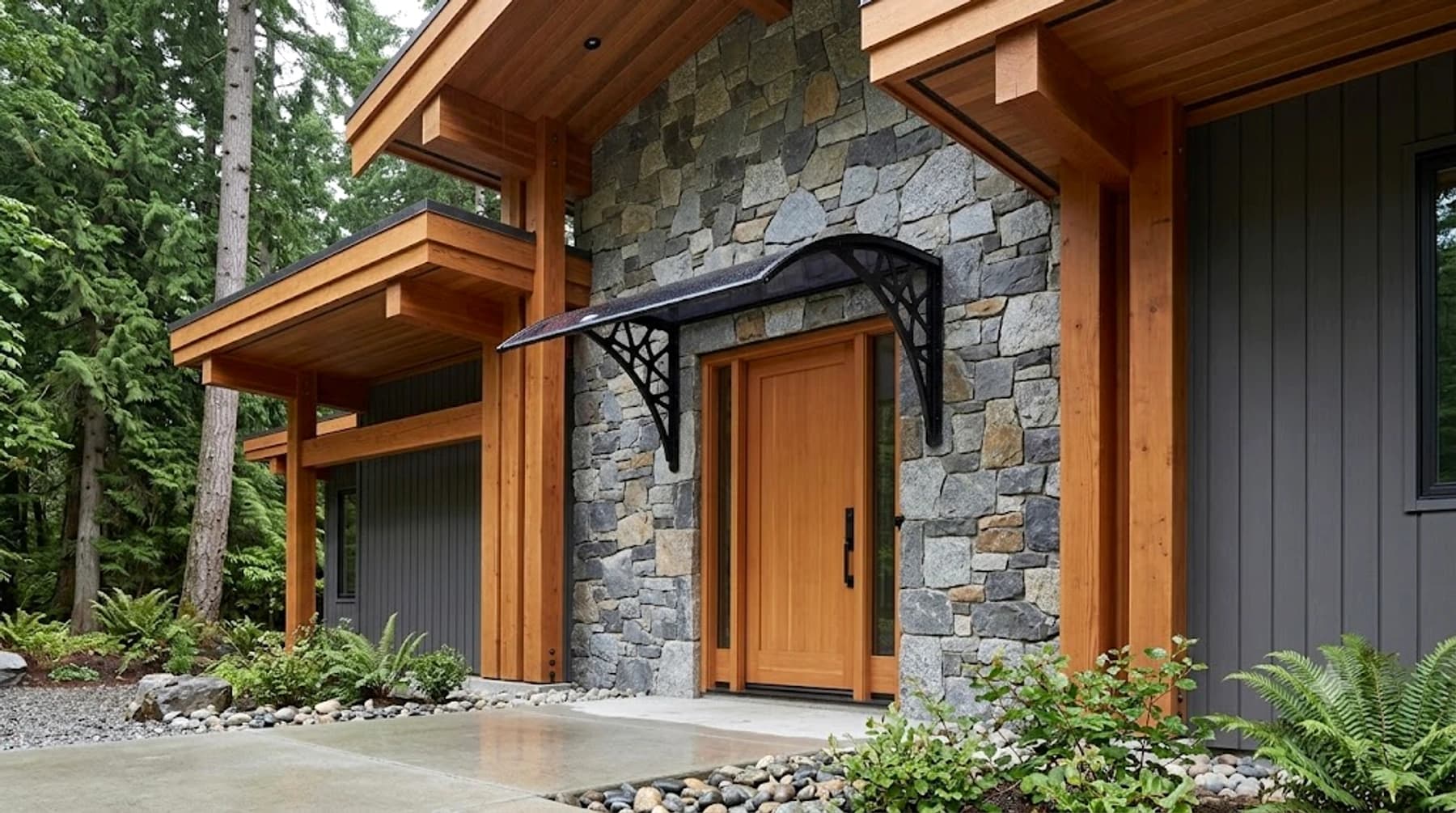 Natural stone entry with a Richport awning